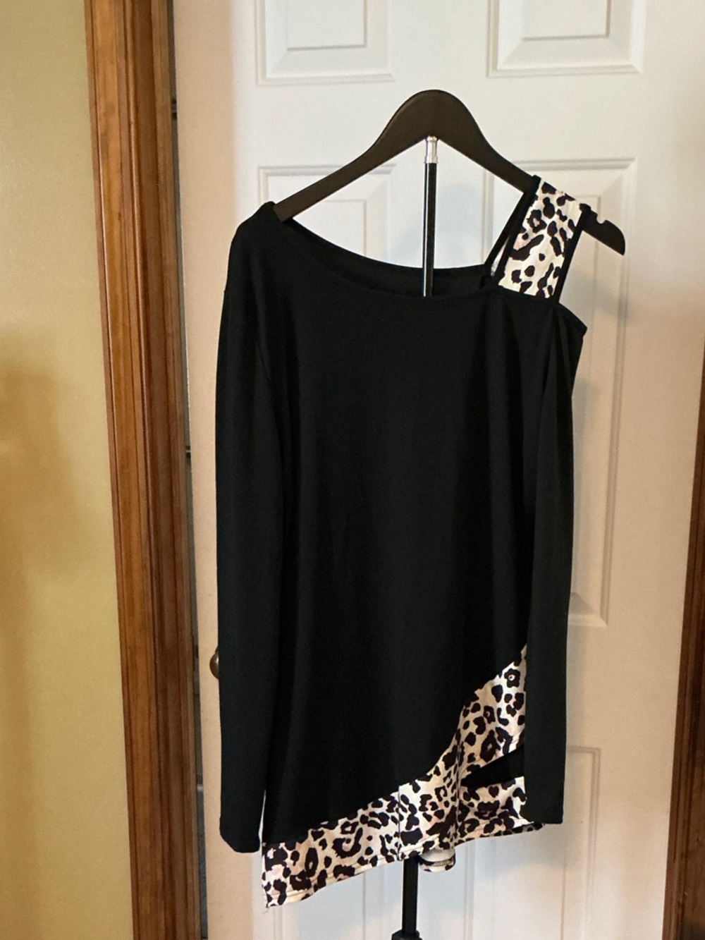 Women’s Black One-Shoulder Top with Leopard Trim